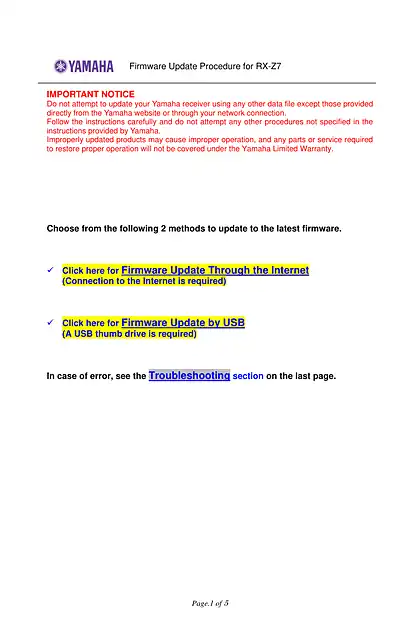 yamaha雅马哈RX-Z7 Firmware Update Version 1.23_Installation_Manual